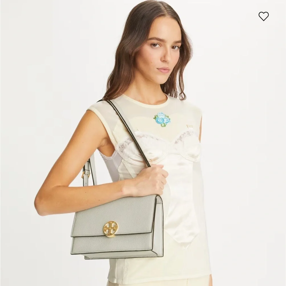 Tory Burch Pebbled Leather Crossbody in Soft Ivory with Gold Logo bag